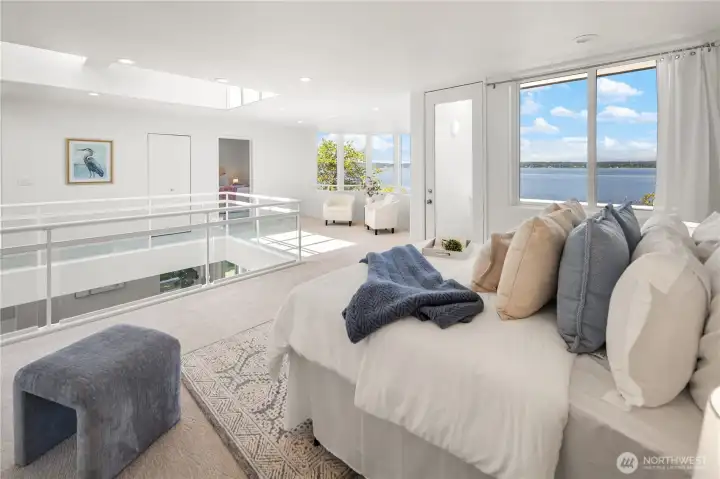 Upstairs open primary suite with glorious views, private balcony, 3/4 bath and walk-in closet. Upstairs open primary suite with glorious views, private balcony, 3/4 bath and walk-in closet.