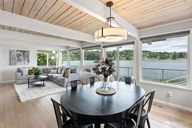 Dinner with a view. Imagine the glow of sunset casting across the water while you dine with loved ones. This space blends casual elegance with the calming energy of lakeside life.