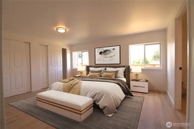 Primary bedroom with duel closest and large en suite! *virtually staged*