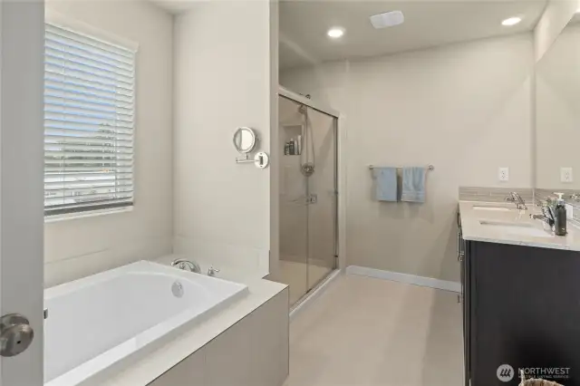 Primary bathroom complete with soaking tub, dual vanities & large shower.