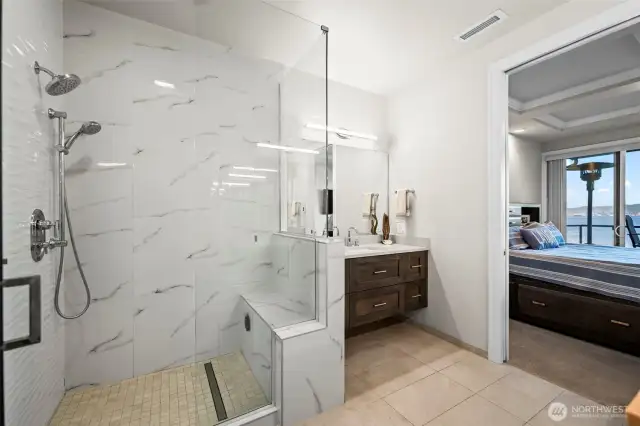 Sleek design shower with dual shower heads and bench