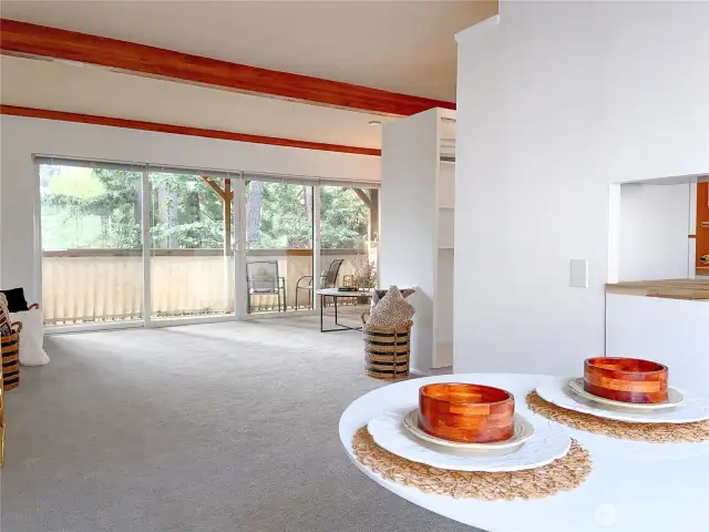 From the dining room you can see how spacious the living room is.  And you can see the kitchen pantry and storage on the right.