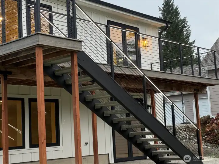 Lighted railings. Upper deck and lower patio