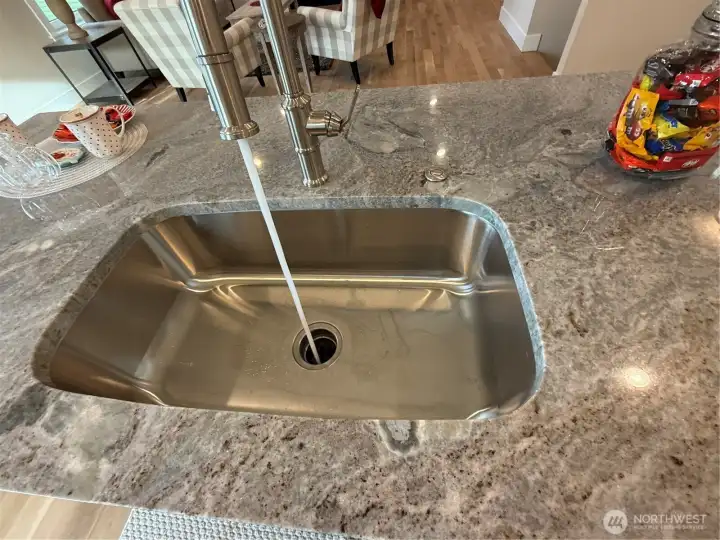 Under mounted stainless steel sink with Gerber Kinzie single pull faucet