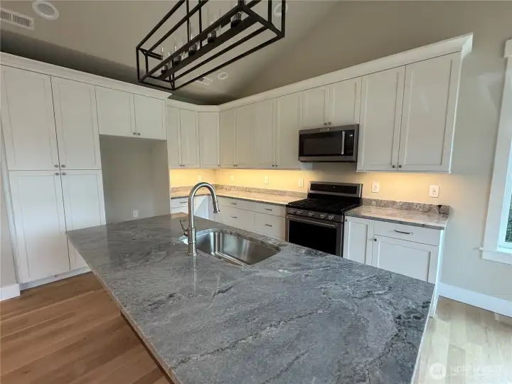 Beautiful kitchen granite, cabinetry and lighting