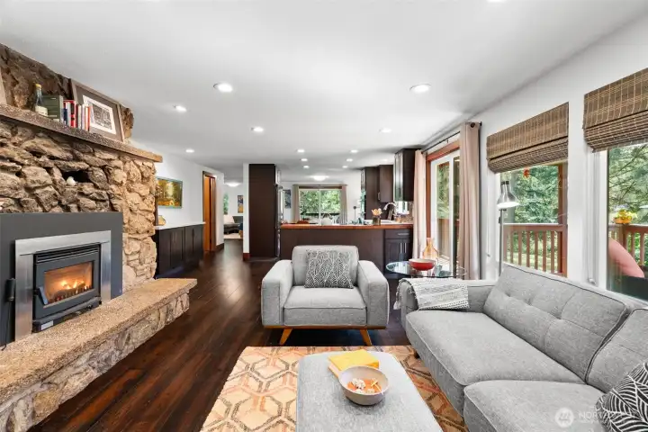 Dramatic & cozy woodburning fireplace