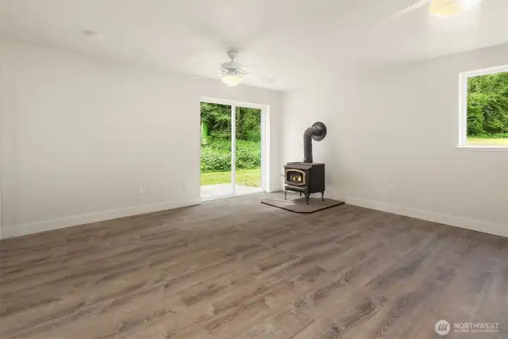 Lower level entrance and wood burning stove