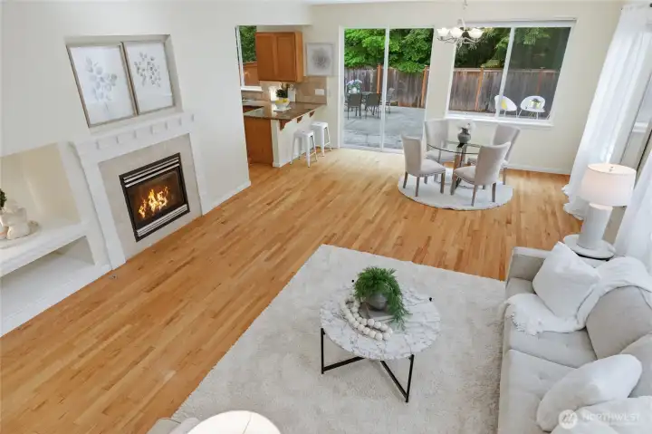 Main living area with gas fireplace and built-ins. Main living area with gas fireplace and built-ins.