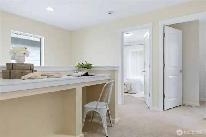 Built-in desk for work, study, or hobbies in the upstairs loft. Built-in desk for work, study, or hobbies in the upstairs loft.