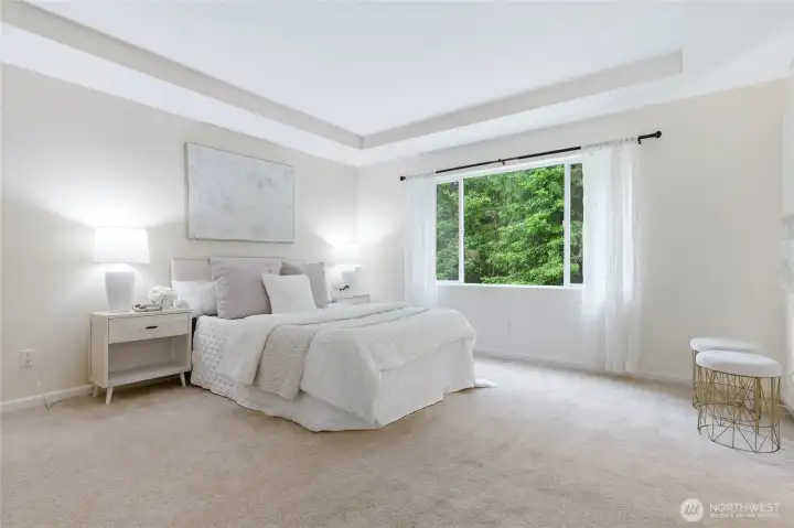 Spacious primary bedroom with tray ceiling detail. Spacious primary bedroom with tray ceiling detail.