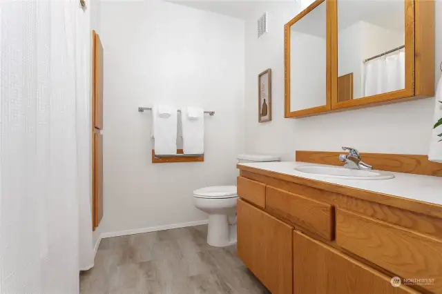 2nd Bathroom with fresh paint and new flooring. New quartz counter and sink to be installed soon.