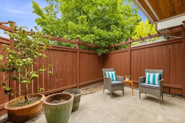 Private backyard with a gated entrance and pergola