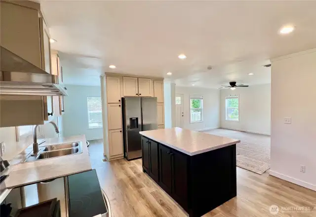 Living and dining room flow into kitchen