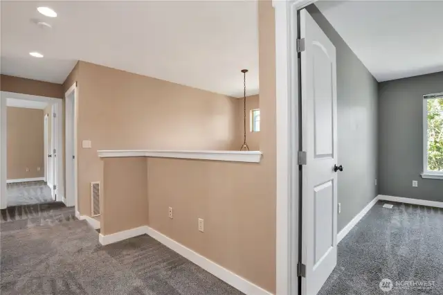 Landing upstairs, there are 2 rooms on each end of the house. Primary is the room off to the left.