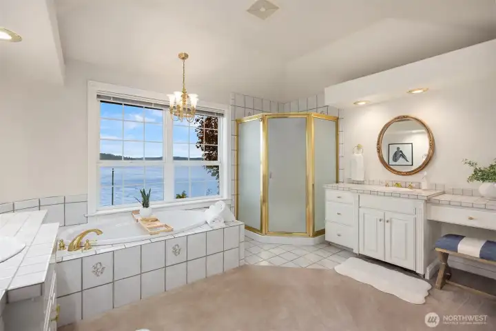 5 piece bath with soaking tub and separate shower.