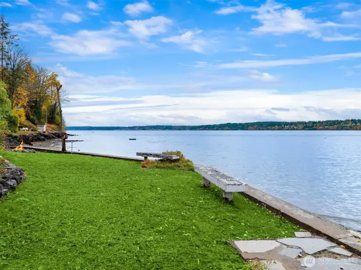Looking towards the Olympics from bulkhead, fire pit perfect for making s'mores.