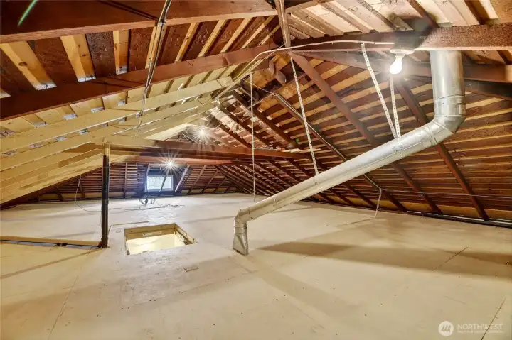 Stand up attic with pull down ladder access. Completely covered in plywood so it is easily and safely walked on. Great storage and lots of possibility.