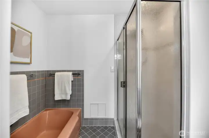 Tub and shower. Lots of space for your upgrades if desired.