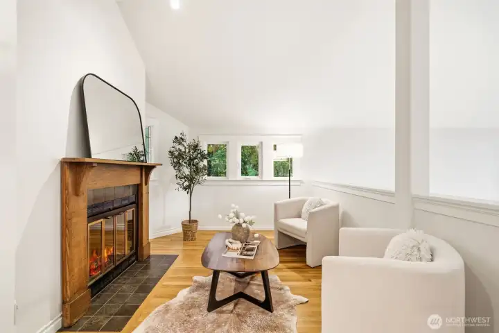Primary seating with fireplace to cozy up