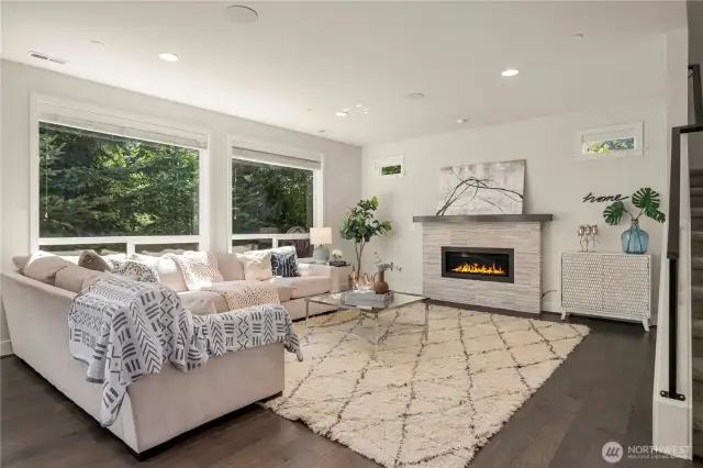 Light-filled great room with a cozy fireplace