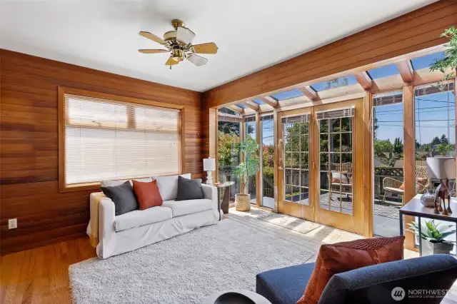Clear cedar paneling gives a warm, Northwest feel to this room.