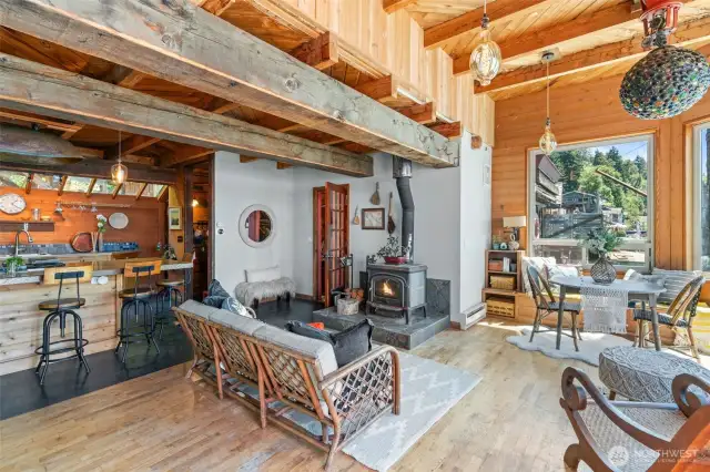 Living Room with Wood Stove and Disco Ball