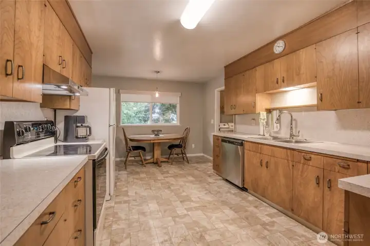 Kitchen has lots of cabinets