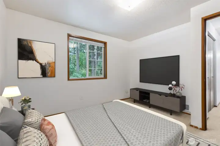 Cozy main-level bedroom with a peaceful forest-facing window and plenty of space for a bed and media setup.