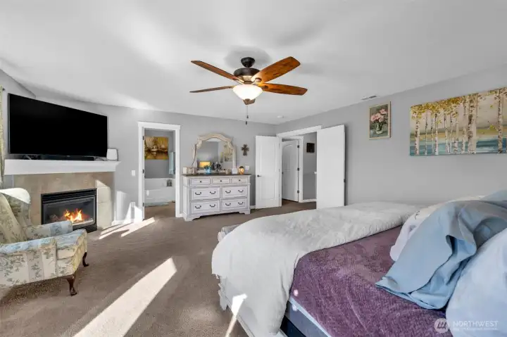 Primary bedroom with elegant fireplace.