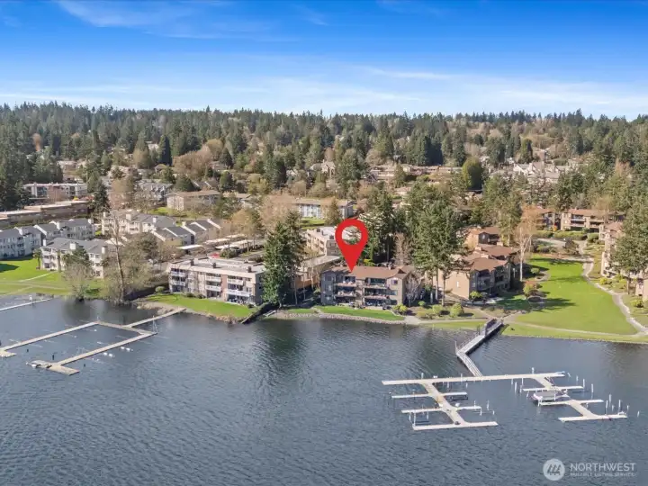 Aerial view of Lake Villas community on Lake Sammamish showing dock, waterfront setting, and surrounding neighborhood