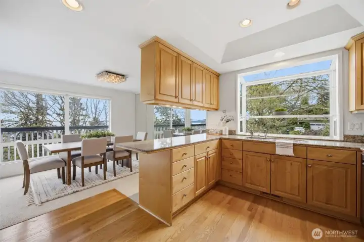 Updated kitchen with room for a stool or two.