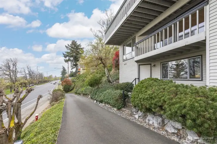 Driveway entrance takes you around the building.