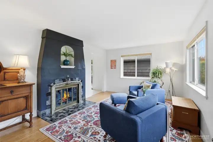 Living space with wood-burning fire.