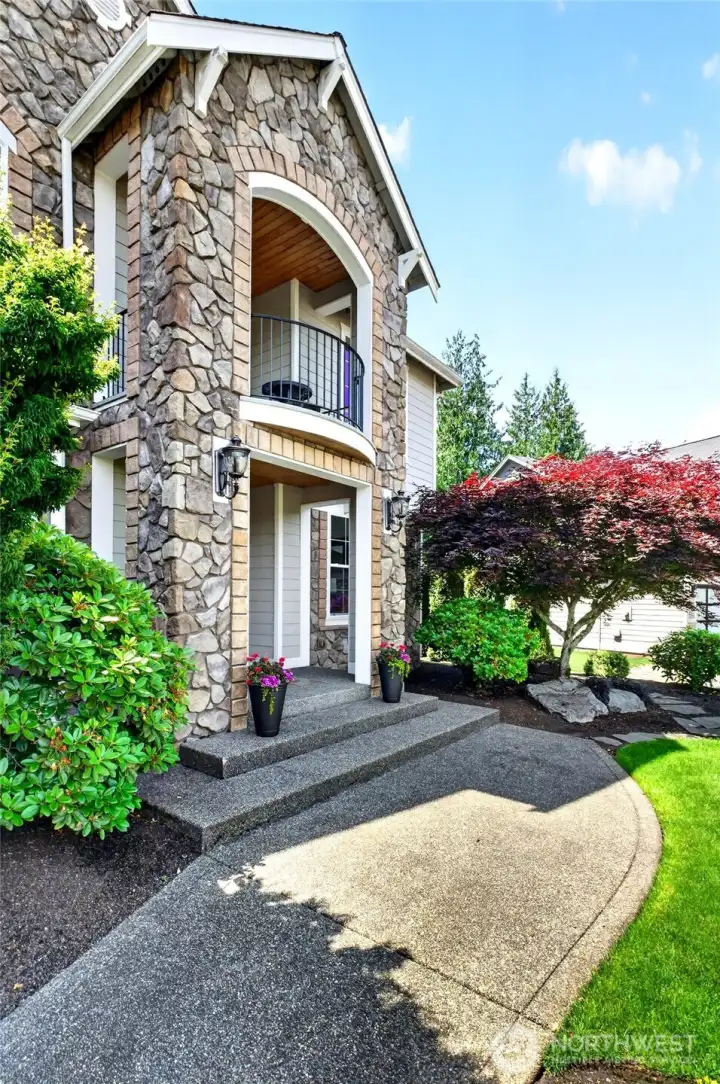 CLOSE-UP of EUROPEAN TIMELESS STONE ENTRY w/2nd Story SUNRISE BALCONY