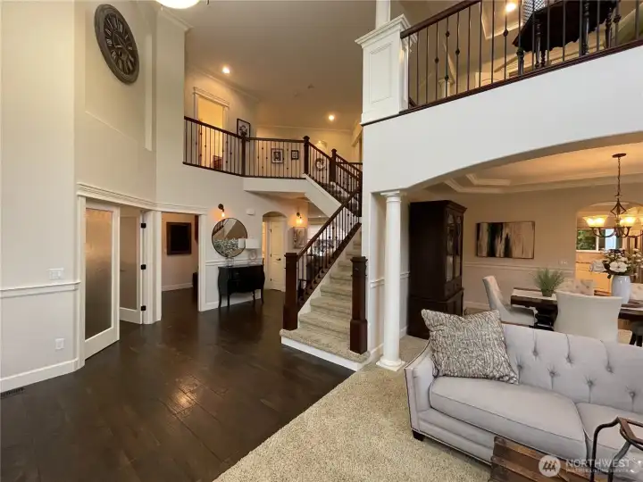 STANDING in LIVING RM w/VIEWS of DINING RM, UPSTAIRS-SITTING RM, SKY-BRIDGE, OFFICE DBL DOORS ++