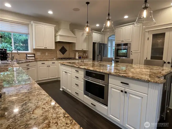 MORE KITCHEN w/UNDER-COUNTER MICRO-WAVE, DBLE OVENS, WINE FRIDGE, 5-BURNER GAST COOK-TOP ++