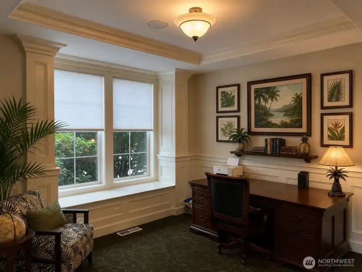 STANDING at the DBL DOORS LOOKING AT OFFCE with VIEW of FRONT YARD. DECOR ITEMS ARE VIRTUALLY INSERTED
