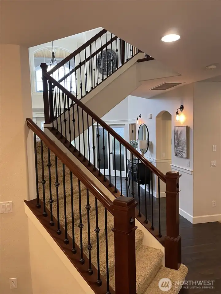 2ND STAIR-CASE w/ACCESS from GREAT RM & GLIMPSE OF GRAND ENTRY & OFFICE DOUBLE DOORS