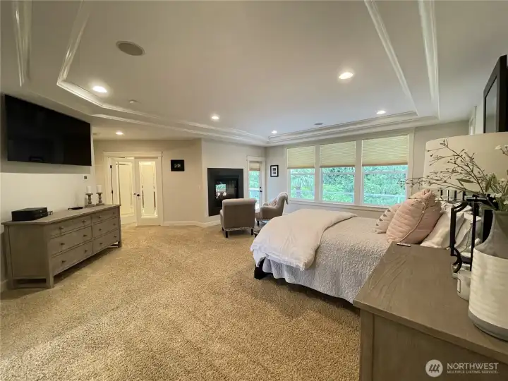 PRIMARY GRAND SUITE w/DBLE SIDED GAS FIREPLACE, EXQUISITE COVED CEILINGS, DBLE GLASS DOORS to SUITE BATHROOM + FULL LITE DOOR to COVERED REAR DECK & EXPANSE of WINDOWS VIEWING REAR YARD