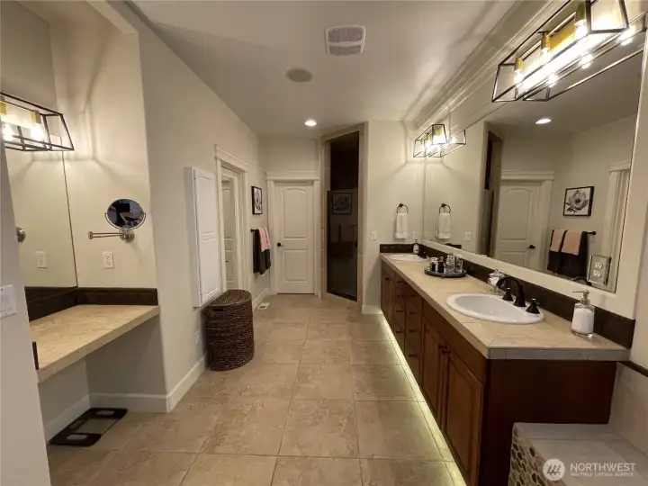 PRIMARY SUITE BATH with HUGE COUNTER & CABINETS w/DBL SINKS, MAKE-UP COUNTER, SHOWER DOOR, WALK-IN CLOSET and PRIVATE WATER CLOSET ROOM