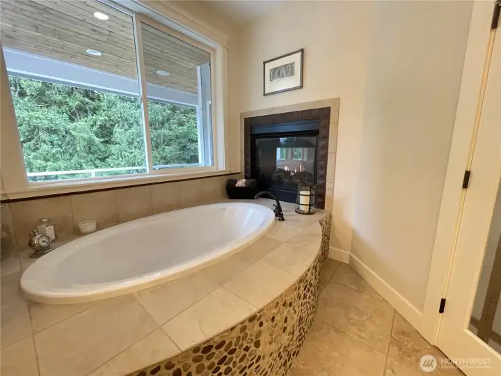 PRIMARY SUITE SOAKING TUB with DBL FIREPLACE LOOKING into BDRM and WINDOW VIEW of COVERD DECK & REAR YARD