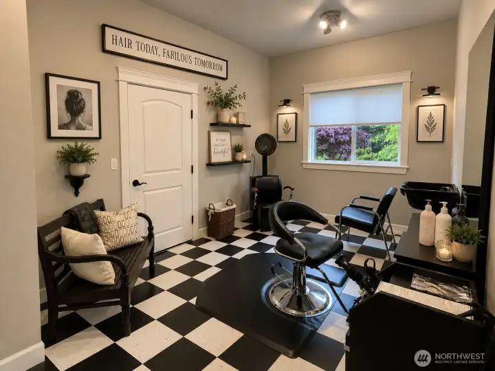 BRING YOUR HAIR SALON BUSINESS TO THIS PROFESSIONAL SETTING. (VIRTUALLY STAGED) HAS UTILITY HOOK UP FOR WASHER/DRYER & HALF BATH. DOOR LEADS TO 1-CAR ATTACHED GARAGE.