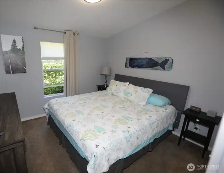Guest bedroom with closet that fits a king bed.