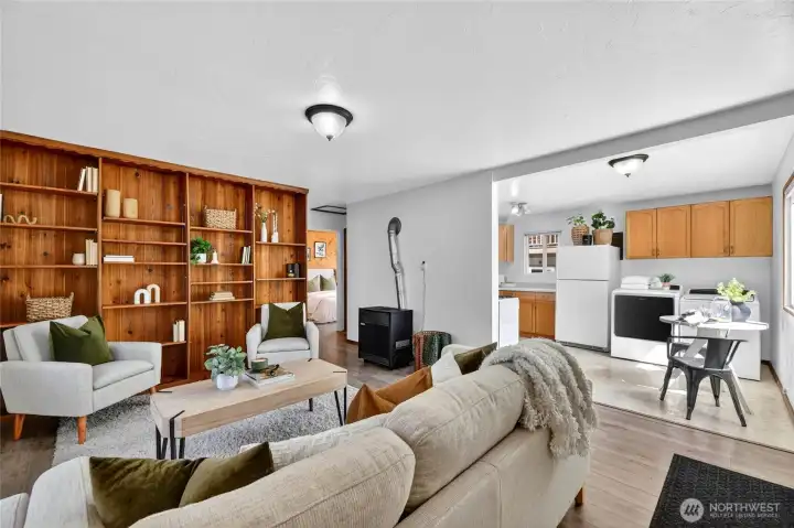 Beautiful wood cabinets and shelving enhance the space. Beautiful wood cabinets and shelving enhance the space.