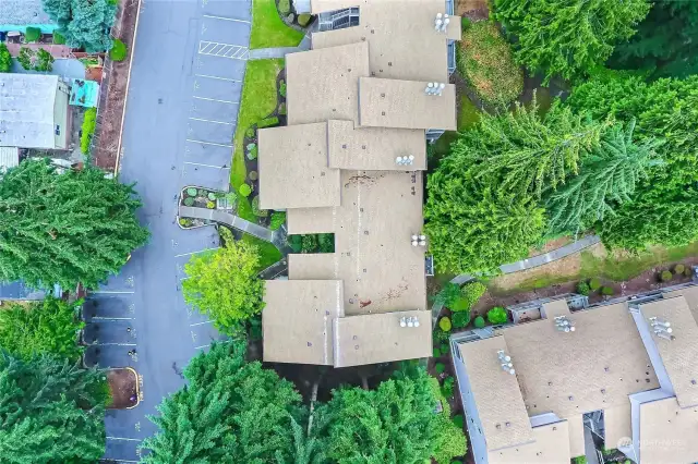 Aerial of the complex and parking area.