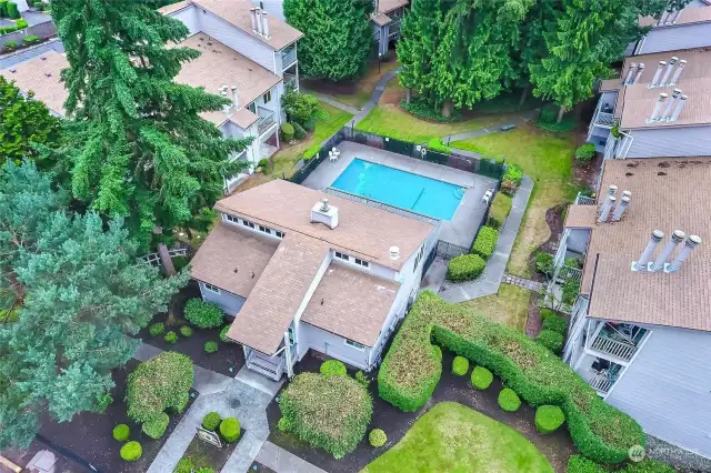 Aerial of clubhouse and pool.