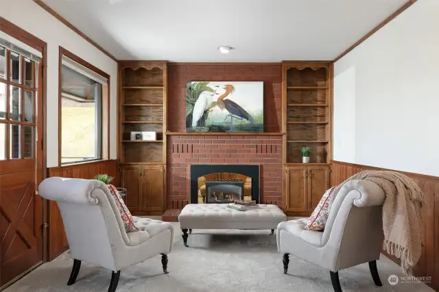 Family Room w/ Gas Fireplace | Built-ins for Storage