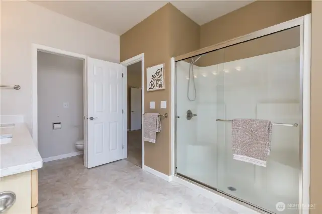 Spacious step-in shower, and a separate toilet room