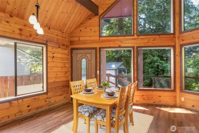 The ample size of the great room allows for a sizable dining table.
