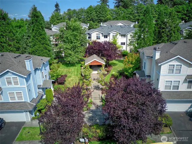 Aerial view of garden gazebo centralized in neighborhood